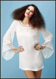 Crochet Trim White Kaftan Tunic Top, White Rose Necklace.