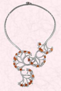 Van Cleef & Arpels Castalie neckpiece. The Castalie Necklace is set in White gold to enhance round diamonds and orange, gold, mandarin garnets. 