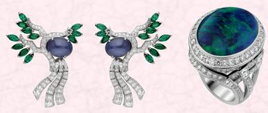 In the Serenité earrings above left, designers have reproduced the pure lines lines of the dry oriental gardens within the flowing curves of diamonds. These lines are studded with fascinating cabochon star sapphires, imitating smooth boulders. A few marquise-cut emeralds represent the leaves of the maple, a highly symbolic tree in Japanese gardens. Beside the earrings, the Nuit d’Orient ring features a magnificent black opal (22.96 carats).