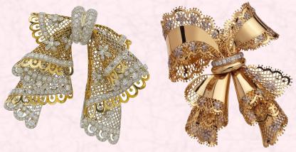 Van Cleef & Arpels shimmering gold lace Clip Dentelle - 1949 and to the right - Van Cleef & Arpels Noeud Dentelle a gold lace clip -1945.
