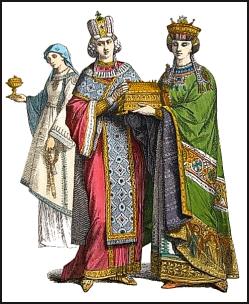 Byzantine Empress with princess and a servant girl in background.