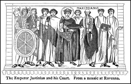 The Emperor Justinian and his Court is shown in this image taken from a mosaic at Ravenna.