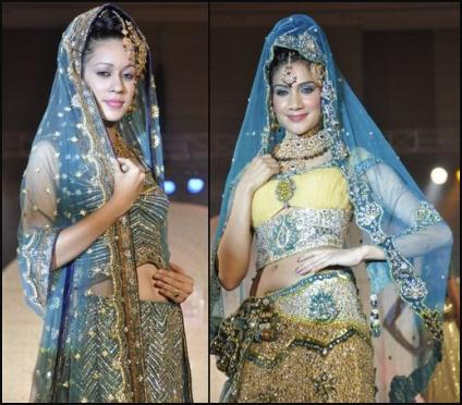 Gold Blue Lehenga Choli Fashions - Veil Dupatta